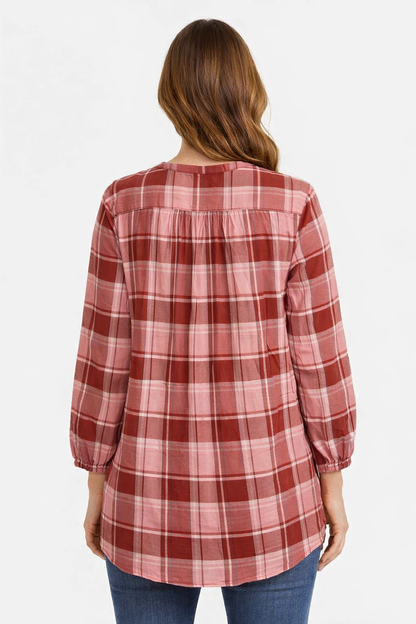 Red Checked Rayon Long Tunic Top | Loose Fit Casual Long Top