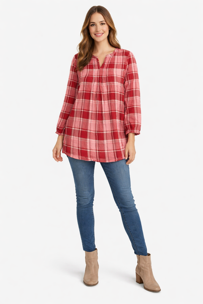 Red Checked Rayon Long Tunic Top | Loose Fit Casual Long Top