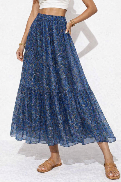 Blue Printed Polyester Flared Maxi Skirt | Elastic Waist Casual Long Skirt