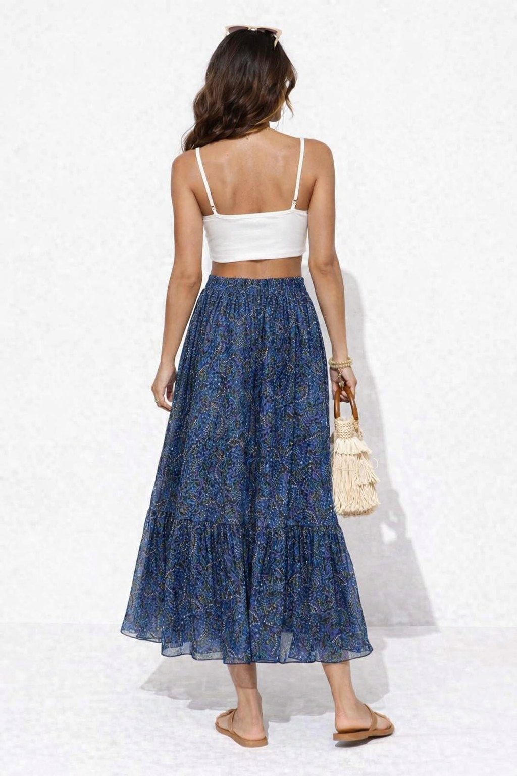 Blue Printed Polyester Flared Maxi Skirt | Elastic Waist Casual Long Skirt