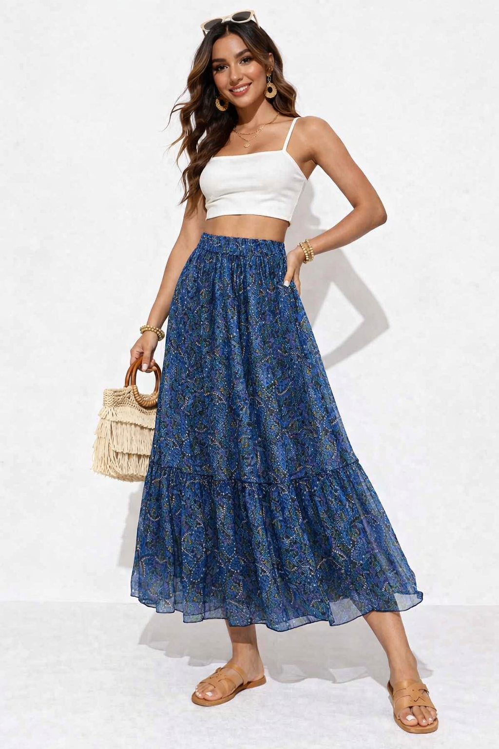Blue Printed Polyester Flared Maxi Skirt | Elastic Waist Casual Long Skirt