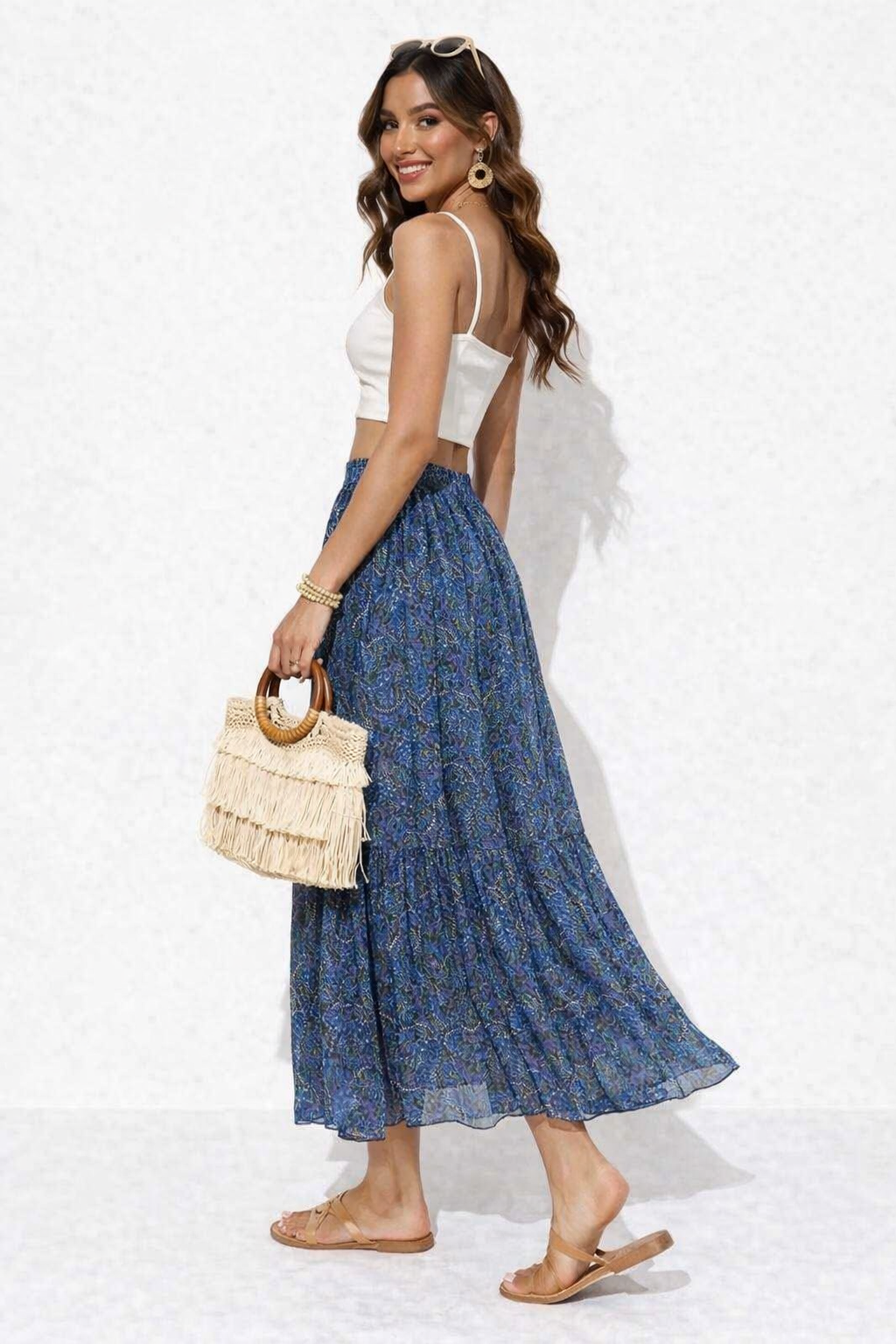 Blue Printed Polyester Flared Maxi Skirt | Elastic Waist Casual Long Skirt