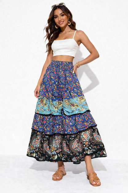 Multi Colour Printed Cotton Tiered Maxi Skirt | Flared Boho Long Skirt with Pockets