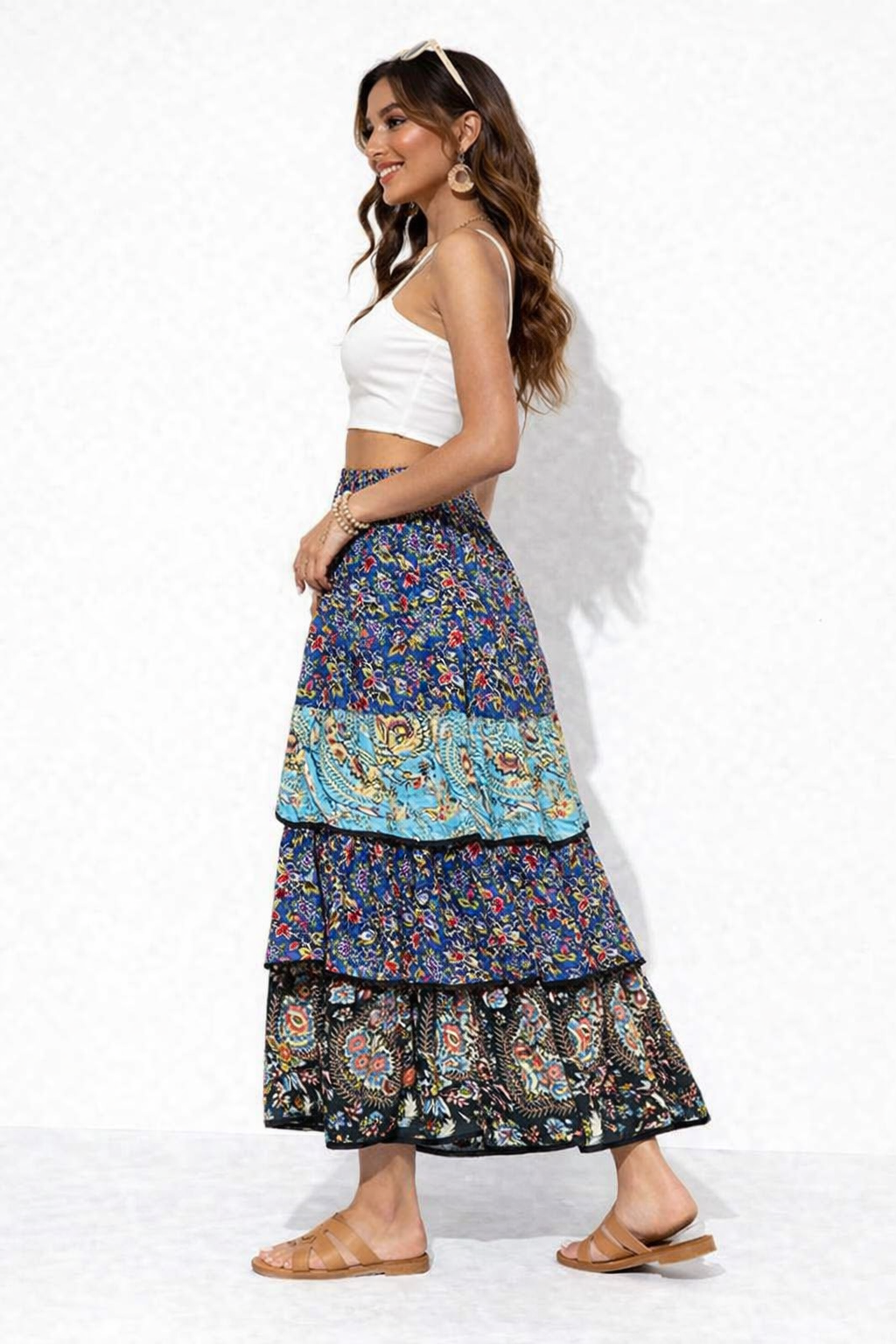 Multi Colour Printed Cotton Tiered Maxi Skirt | Flared Boho Long Skirt with Pockets
