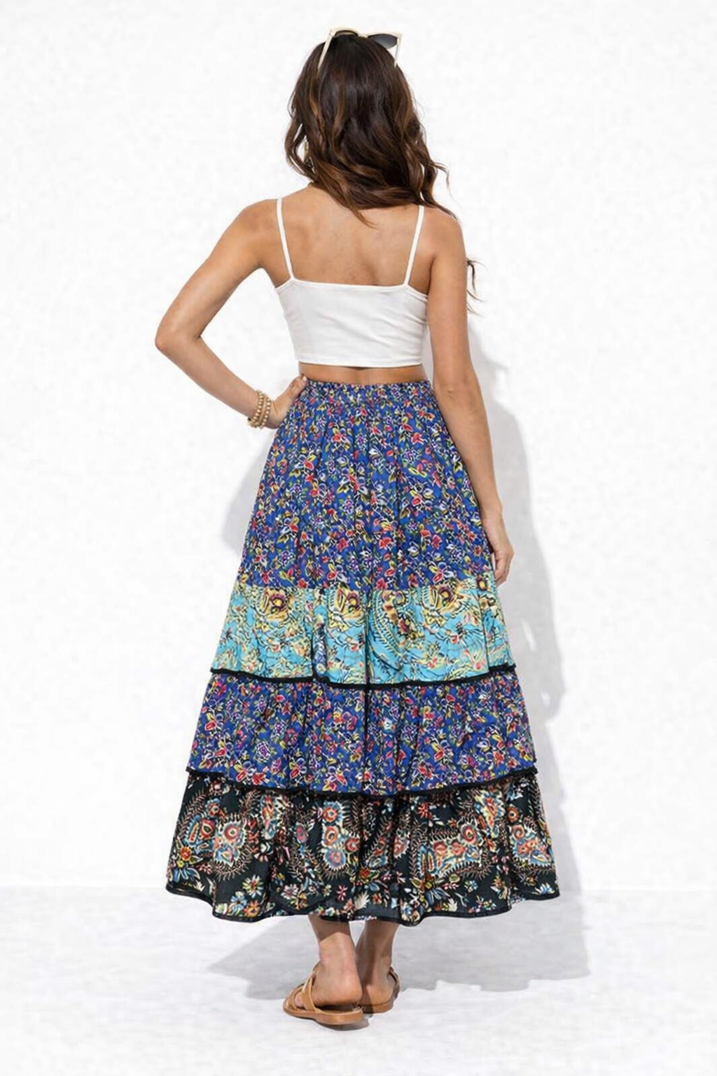 Multi Colour Printed Cotton Tiered Maxi Skirt | Flared Boho Long Skirt with Pockets