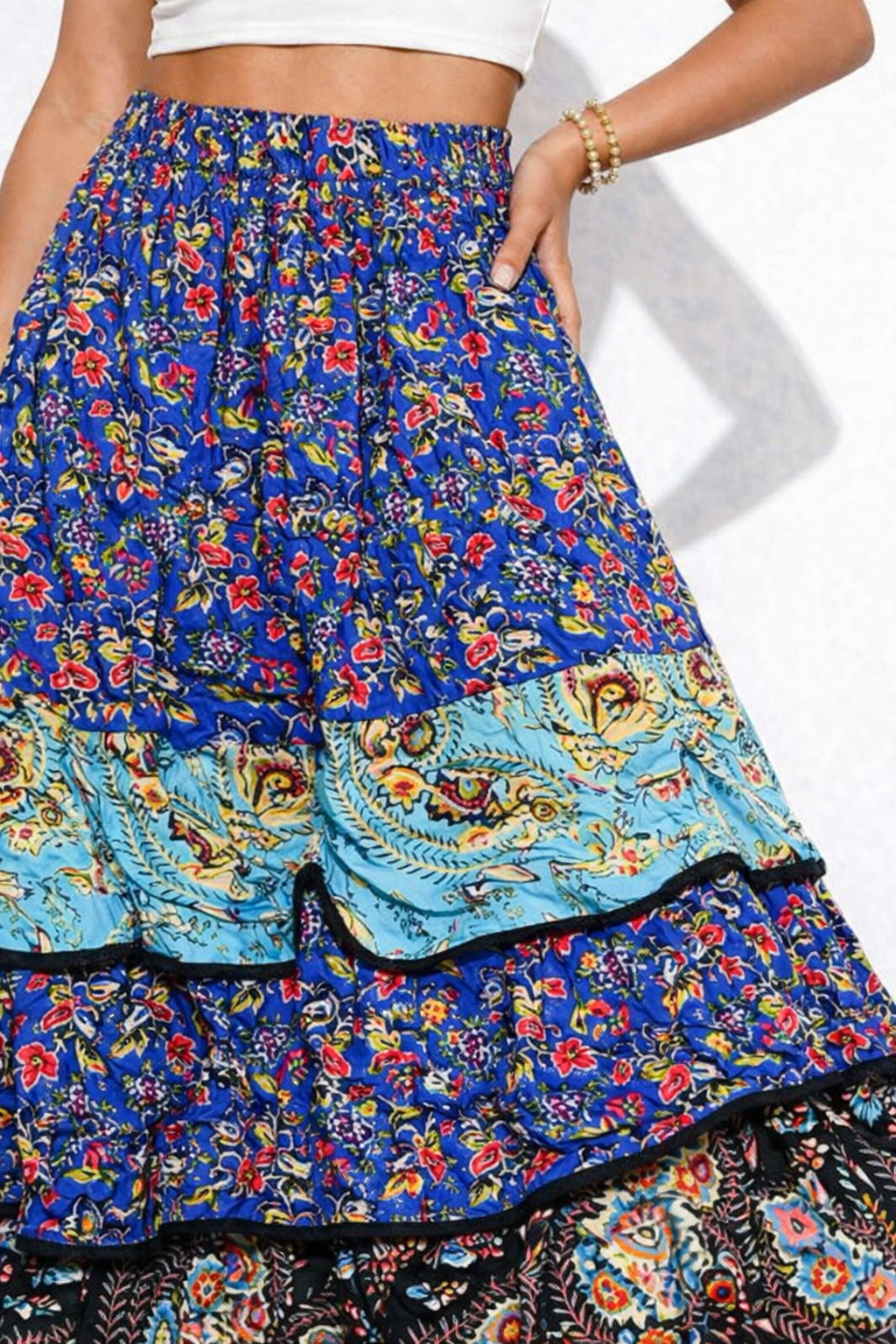 Multi Colour Printed Cotton Tiered Maxi Skirt | Flared Boho Long Skirt with Pockets