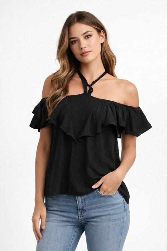 Black Off Shoulder Cotton Top | Ruffle Neck Loose Fit Casual Summer Top