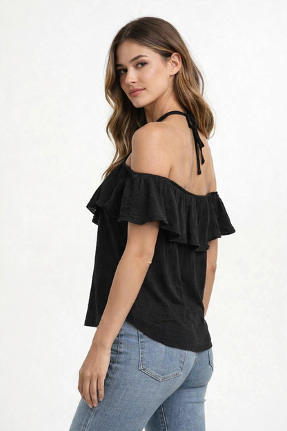Black Off Shoulder Cotton Top | Ruffle Neck Loose Fit Casual Summer Top