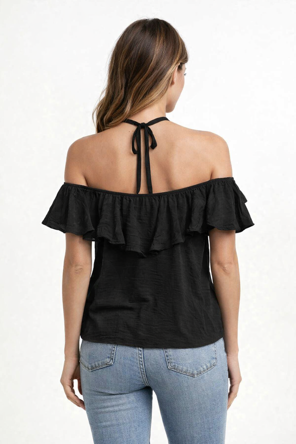 Black Off Shoulder Cotton Top | Ruffle Neck Loose Fit Casual Summer Top