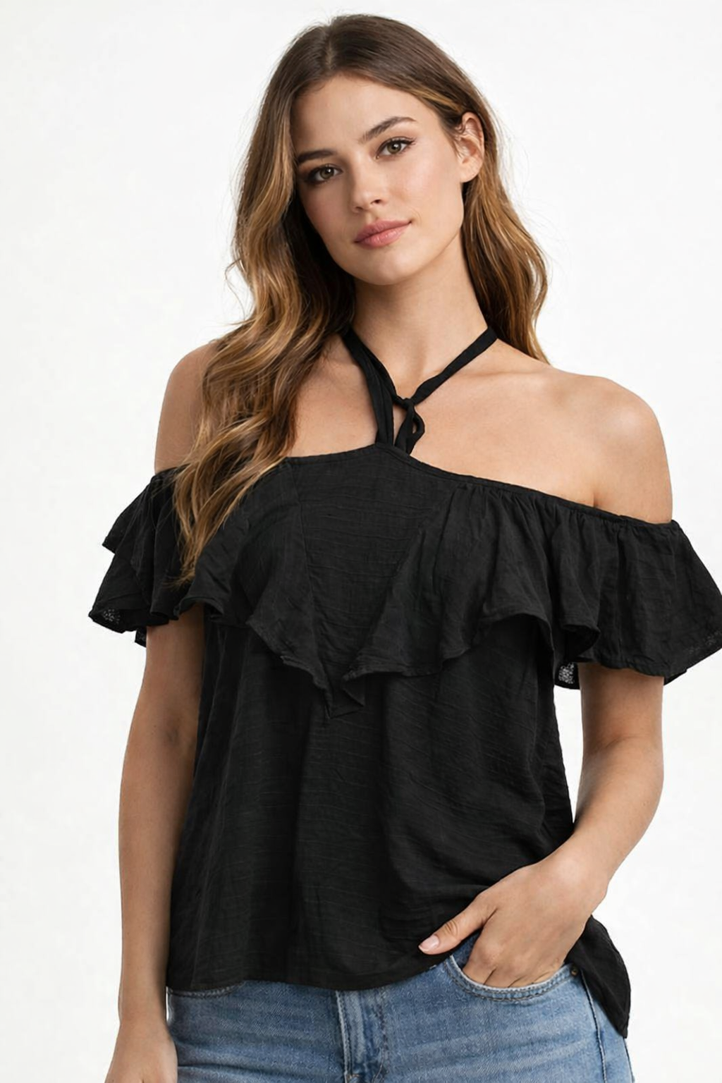 Black Off Shoulder Cotton Top | Ruffle Neck Loose Fit Casual Summer Top
