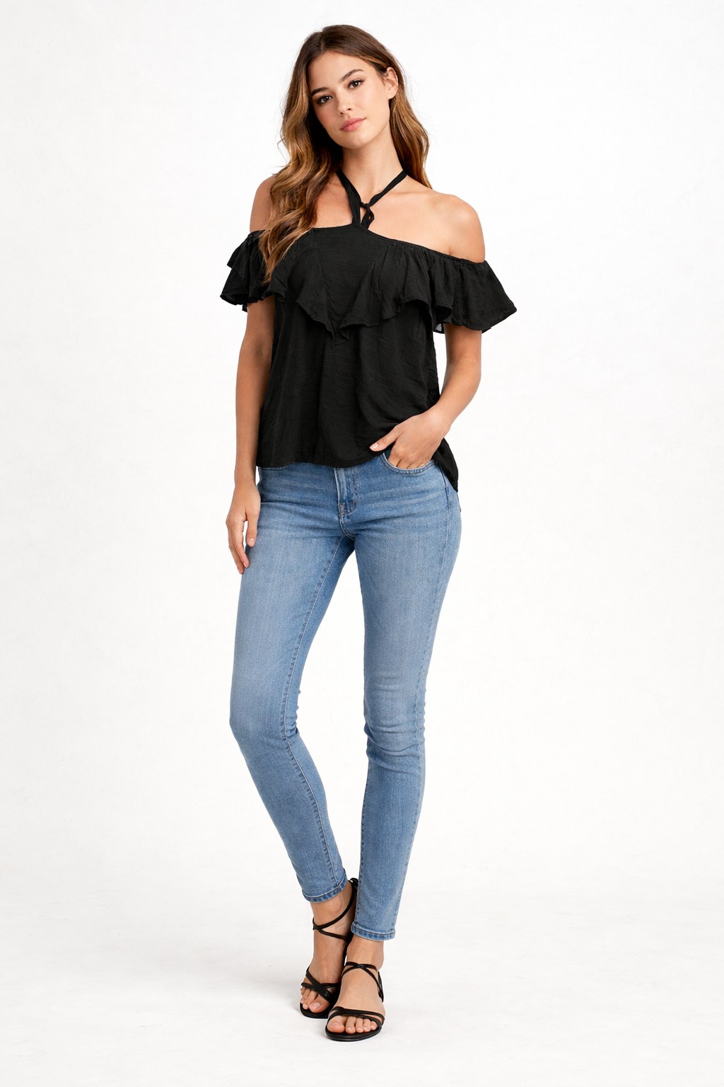 Black Off Shoulder Cotton Top | Ruffle Neck Loose Fit Casual Summer Top