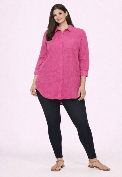 Pink Cotton Shirt Style Top | Loose Fit Casual Longline Tunic