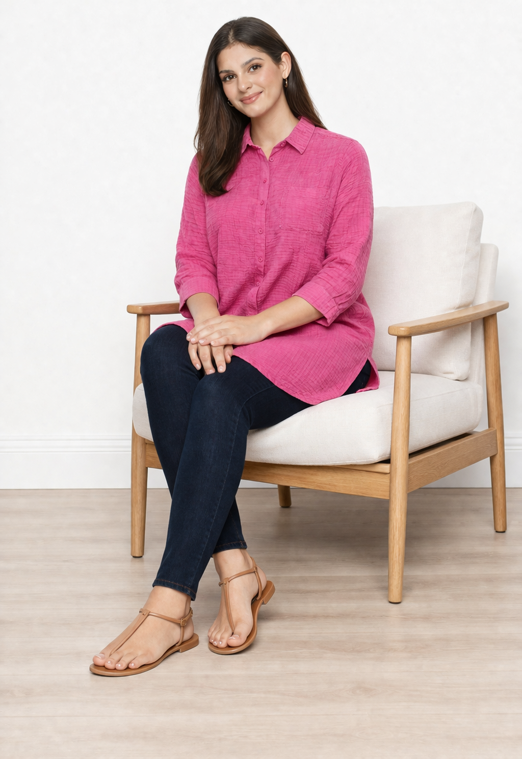 Pink Cotton Shirt Style Top | Loose Fit Casual Longline Tunic