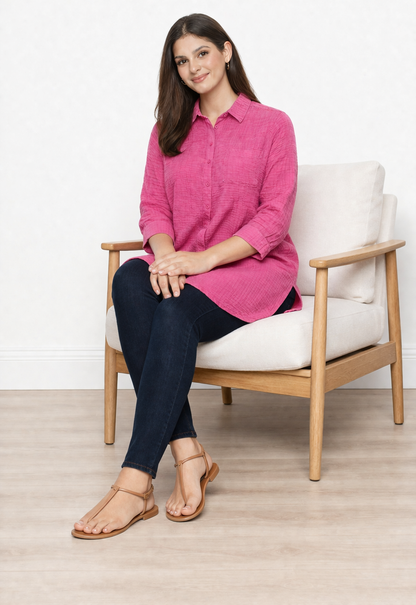 Pink Cotton Shirt Style Top | Loose Fit Casual Longline Tunic