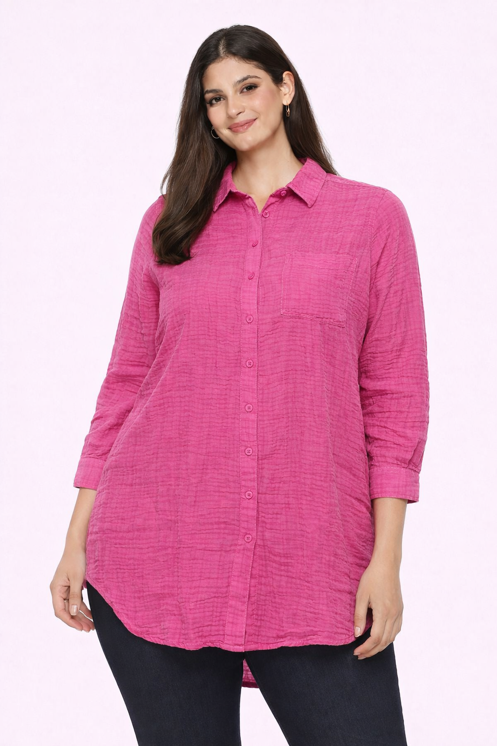 Pink Cotton Shirt Style Top | Loose Fit Casual Longline Tunic