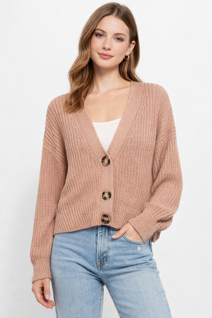 Rose Pink Knit Cardigan Sweater | V-Neck Button Front Loose Fit Winter Wear