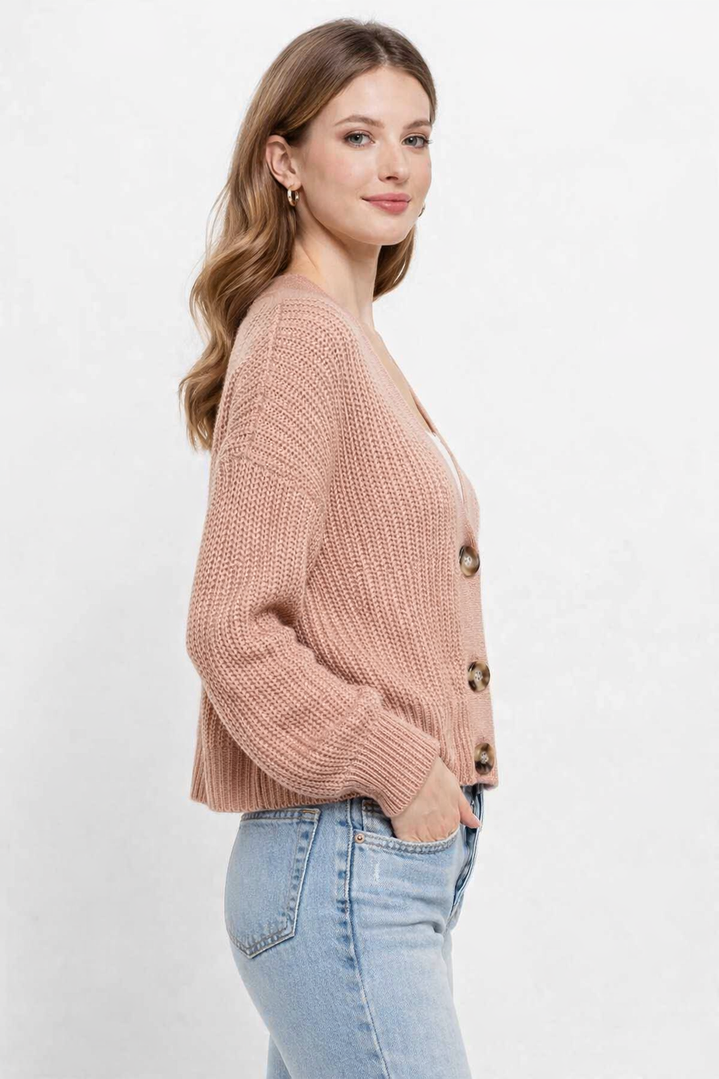 Rose Pink Knit Cardigan Sweater | V-Neck Button Front Loose Fit Winter Wear