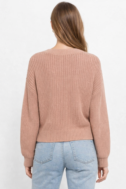 Rose Pink Knit Cardigan Sweater | V-Neck Button Front Loose Fit Winter Wear