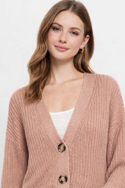 Rose Pink Knit Cardigan Sweater | V-Neck Button Front Loose Fit Winter Wear