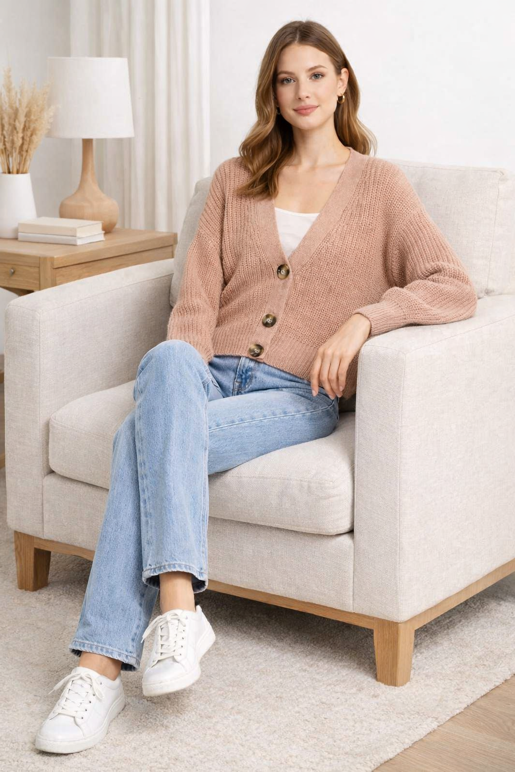 Rose Pink Knit Cardigan Sweater | V-Neck Button Front Loose Fit Winter Wear