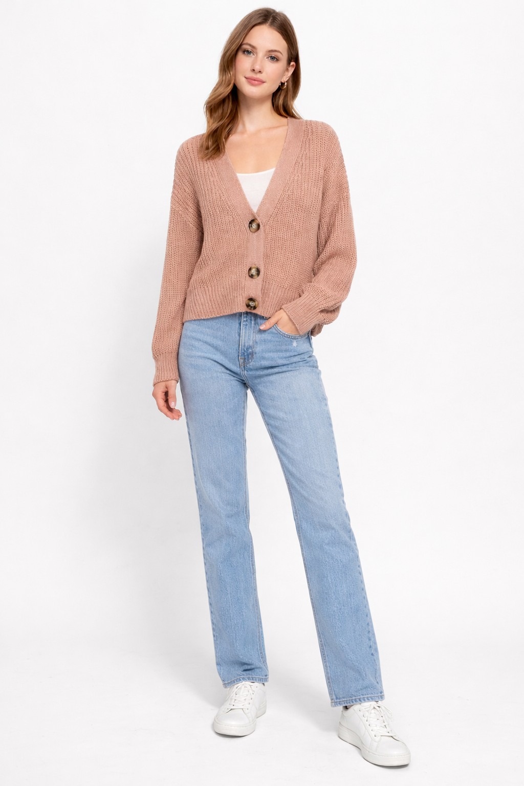 Rose Pink Knit Cardigan Sweater | V-Neck Button Front Loose Fit Winter Wear