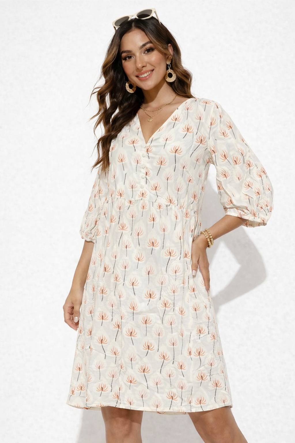 Multi Colour Printed A-Line Dress | V-Neck Loose Fit Casual Knee Length Dress
