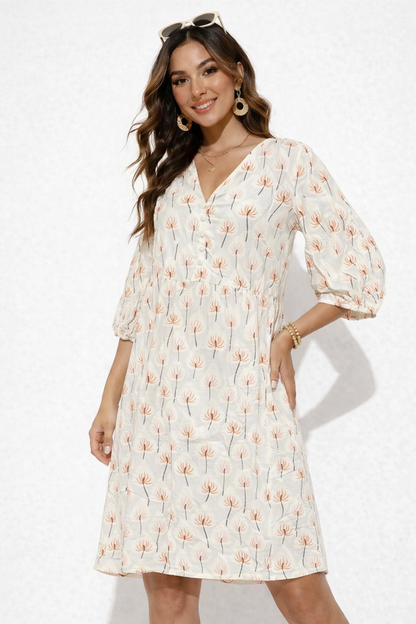 Multi Colour Printed A-Line Dress | V-Neck Loose Fit Casual Knee Length Dress