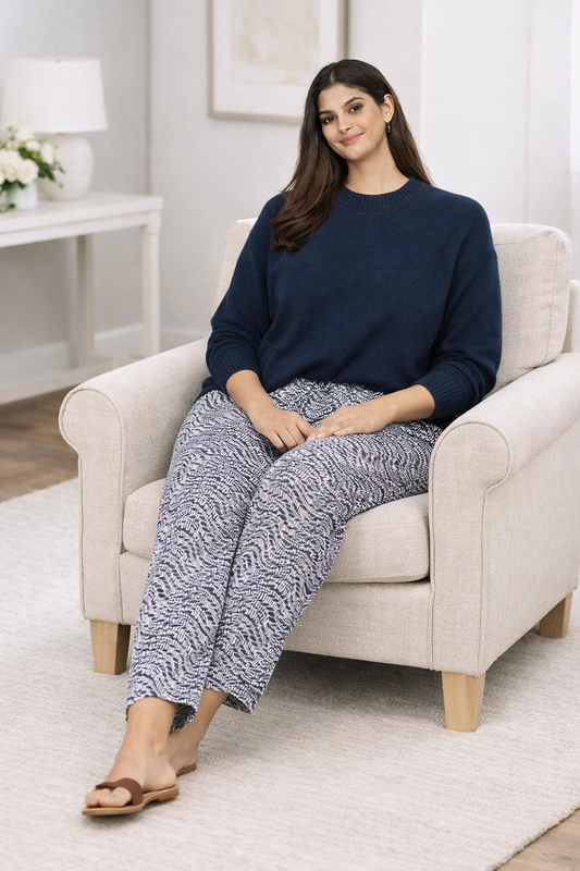 Blue Printed Cotton Blend Straight Fit Pants | Elastic Waist Casual Trousers with Pockets