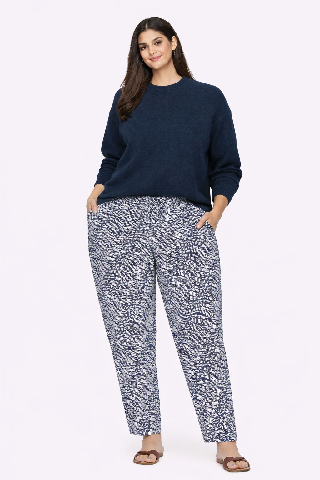 Blue Printed Cotton Blend Straight Fit Pants | Elastic Waist Casual Trousers with Pockets