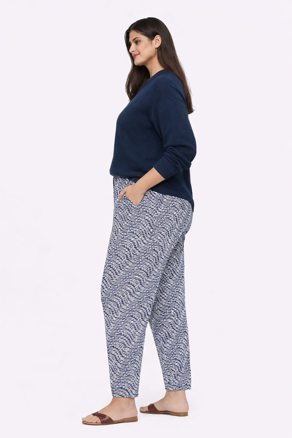 Blue Printed Cotton Blend Straight Fit Pants | Elastic Waist Casual Trousers with Pockets