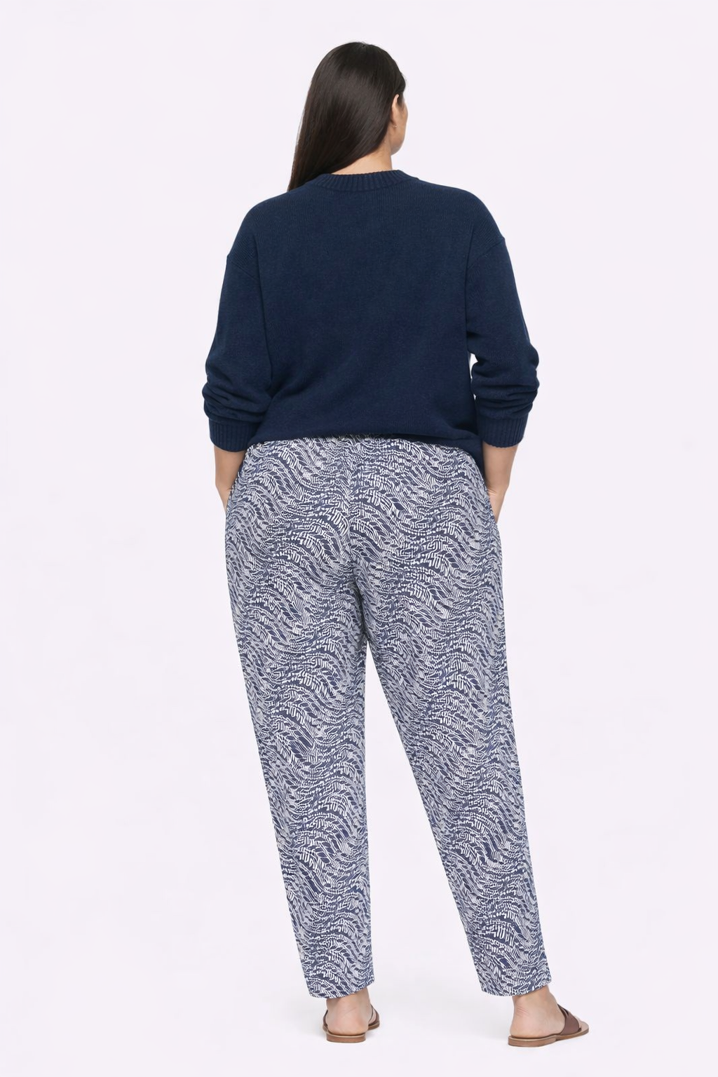 Blue Printed Cotton Blend Straight Fit Pants | Elastic Waist Casual Trousers with Pockets