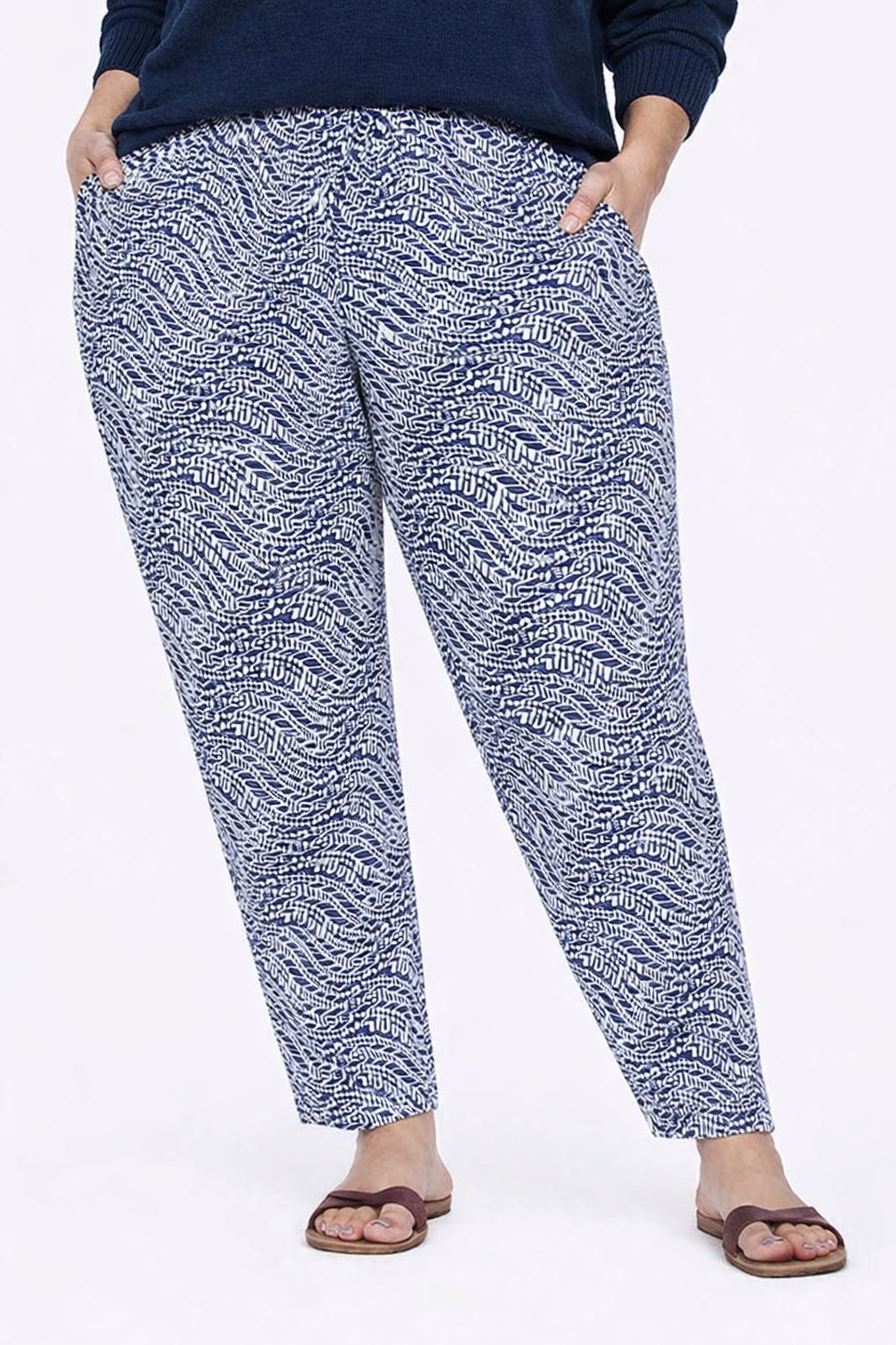 Blue Printed Cotton Blend Straight Fit Pants | Elastic Waist Casual Trousers with Pockets