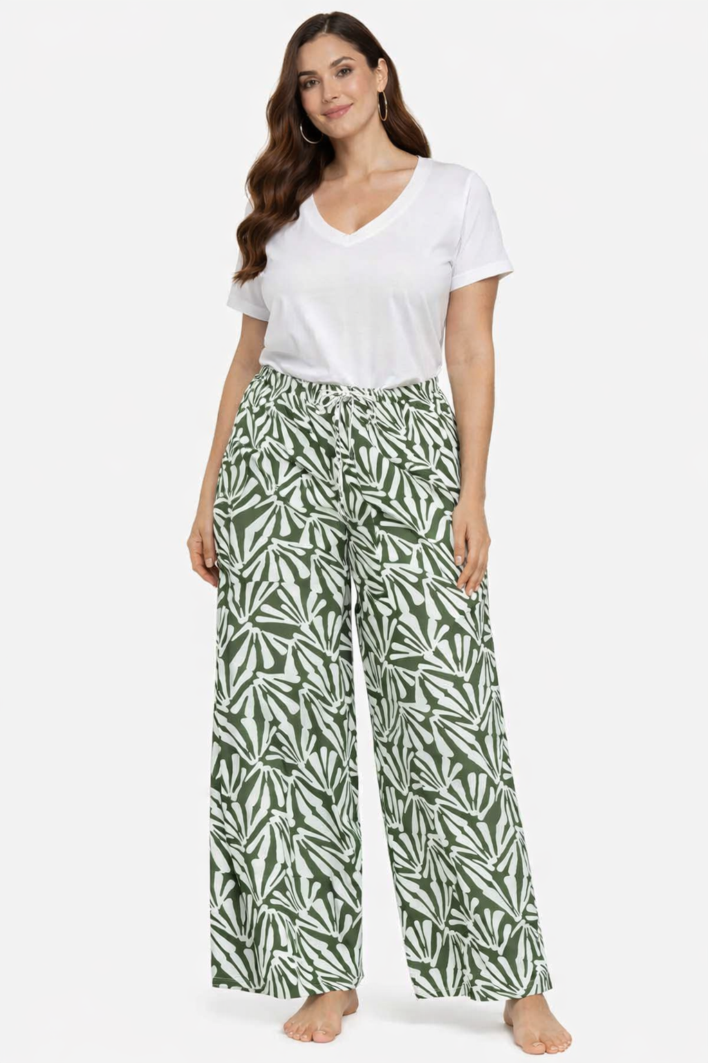 Green Printed Cotton Blend Wide Leg Pants | Elastic Waist Casual Palazzo Trousers with Pockets