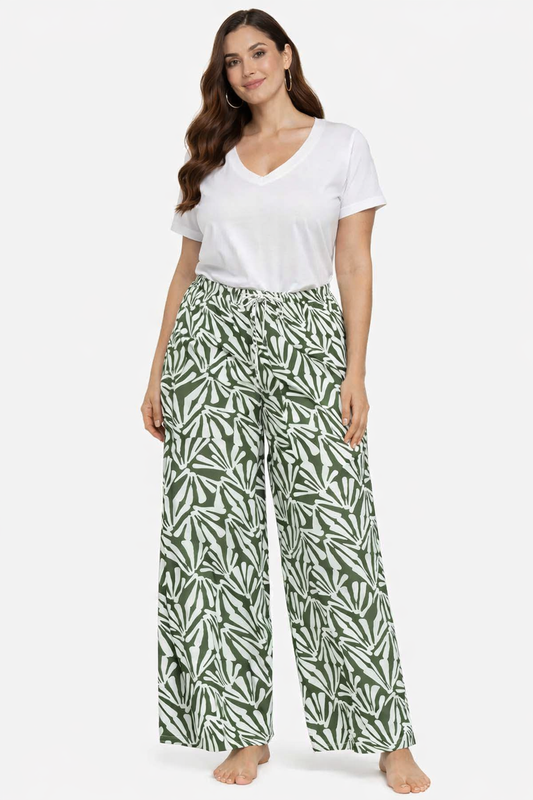 Green Printed Cotton Blend Wide Leg Pants | Elastic Waist Casual Palazzo Trousers with Pockets