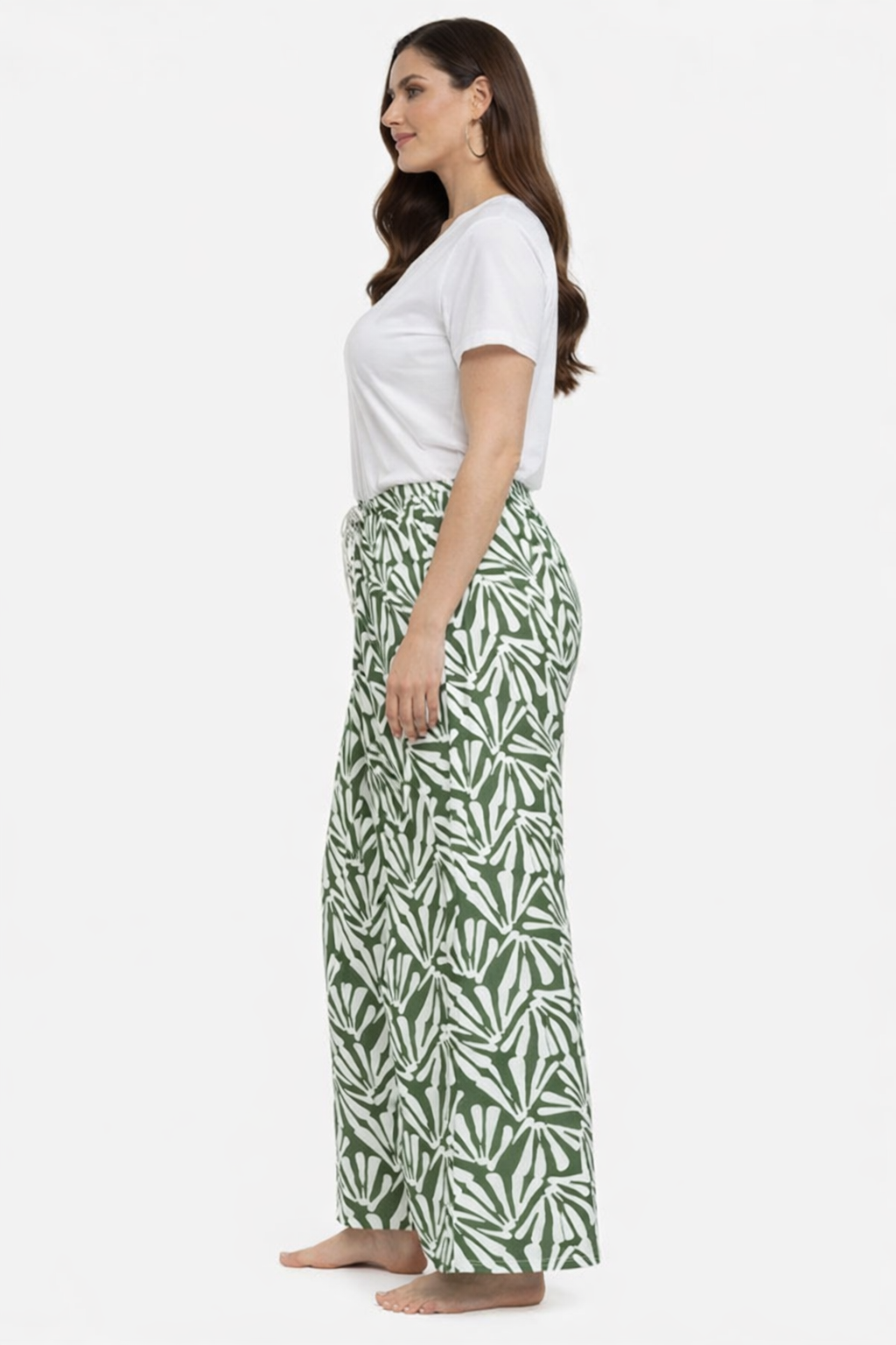 Green Printed Cotton Blend Wide Leg Pants | Elastic Waist Casual Palazzo Trousers with Pockets