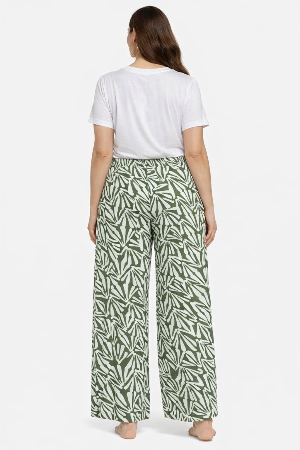 Green Printed Cotton Blend Wide Leg Pants | Elastic Waist Casual Palazzo Trousers with Pockets