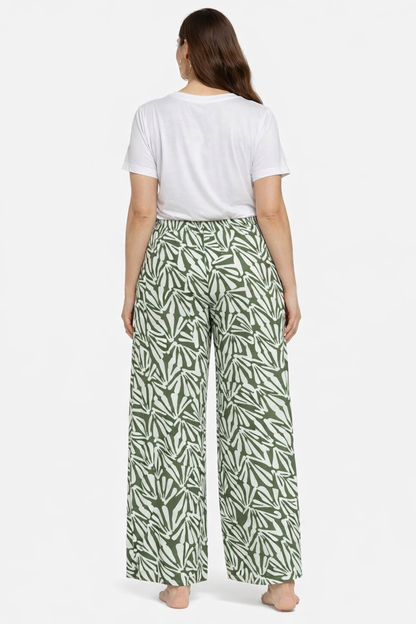 Green Printed Cotton Blend Wide Leg Pants | Elastic Waist Casual Palazzo Trousers with Pockets