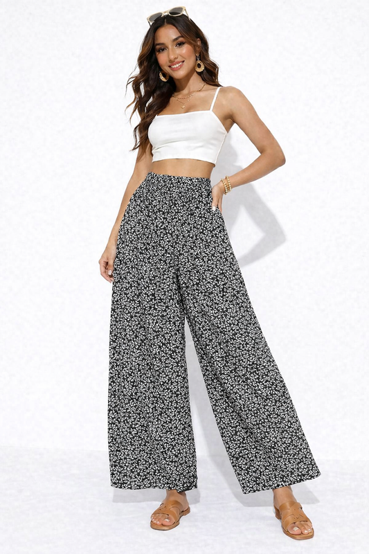 Black Printed Polyester Wide Leg Pants | Elastic Waist Casual Palazzo Trousers