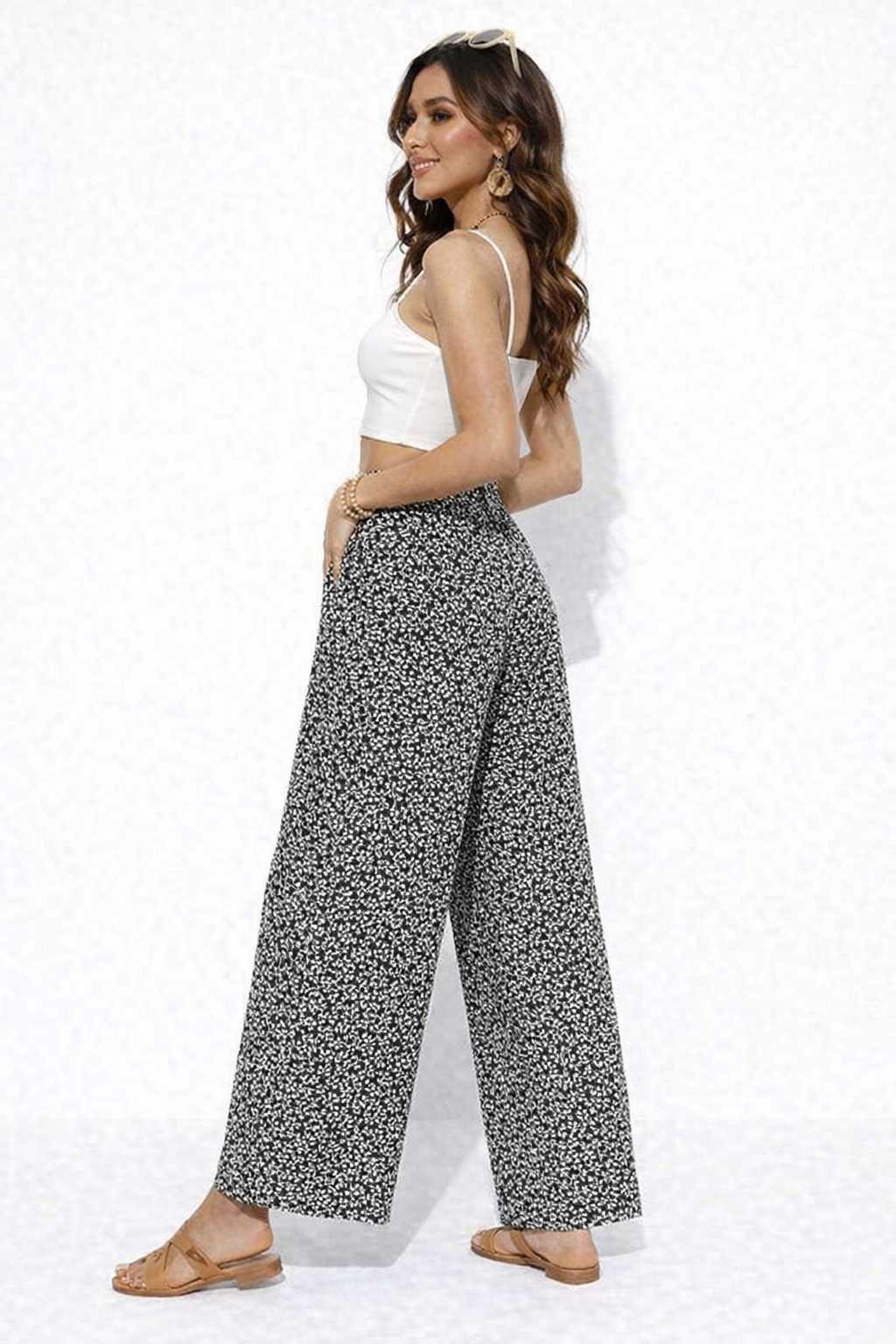 Black Printed Polyester Wide Leg Pants | Elastic Waist Casual Palazzo Trousers