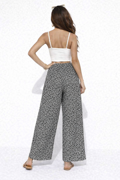 Black Printed Polyester Wide Leg Pants | Elastic Waist Casual Palazzo Trousers