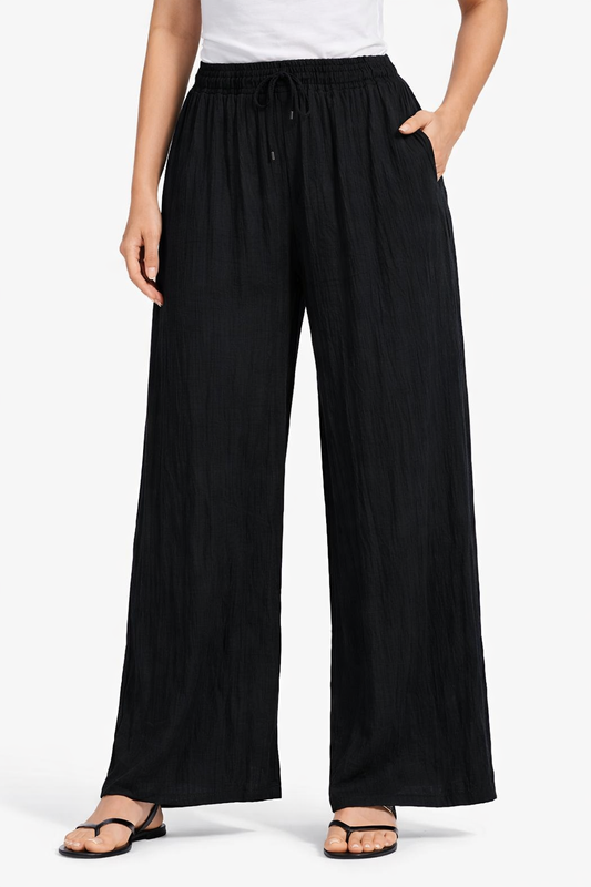 Black Cotton Wide Leg Pants | Elastic Waist Casual Palazzo Trousers with Pockets