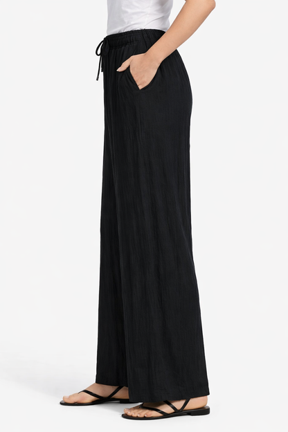 Black Cotton Wide Leg Pants | Elastic Waist Casual Palazzo Trousers with Pockets