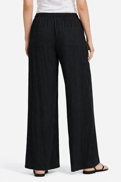 Black Cotton Wide Leg Pants | Elastic Waist Casual Palazzo Trousers with Pockets