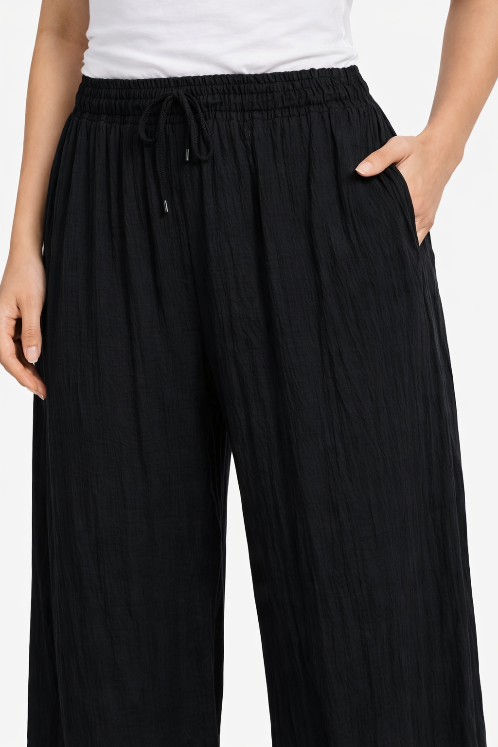 Black Cotton Wide Leg Pants | Elastic Waist Casual Palazzo Trousers with Pockets