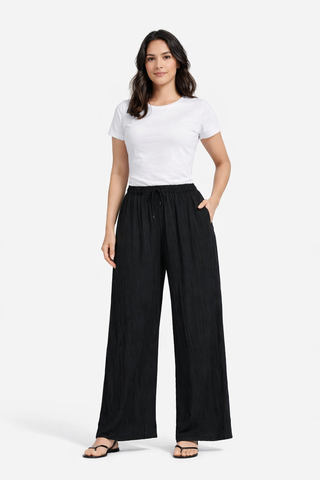 Black Cotton Wide Leg Pants | Elastic Waist Casual Palazzo Trousers with Pockets