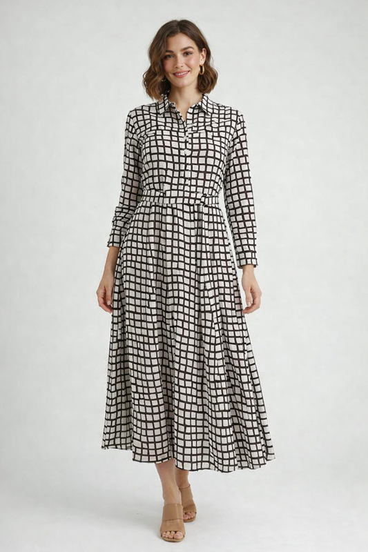 Beige & Black Checked Viscose Midi Dress | Collared Shirt Dress