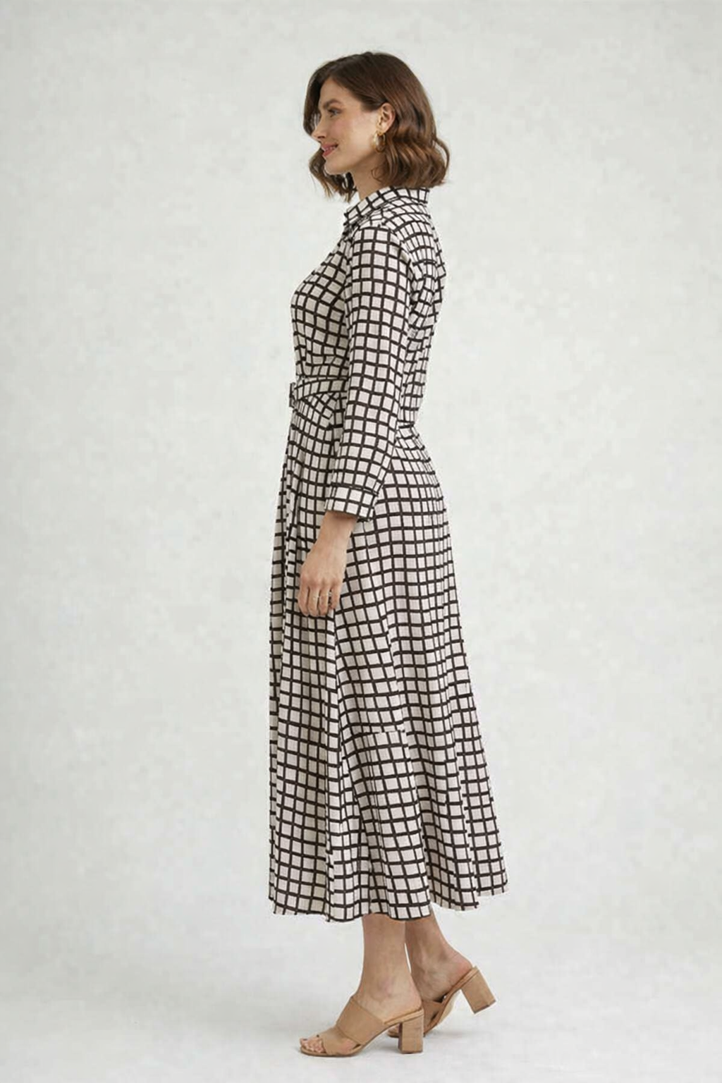 Beige & Black Checked Viscose Midi Dress | Collared Shirt Dress