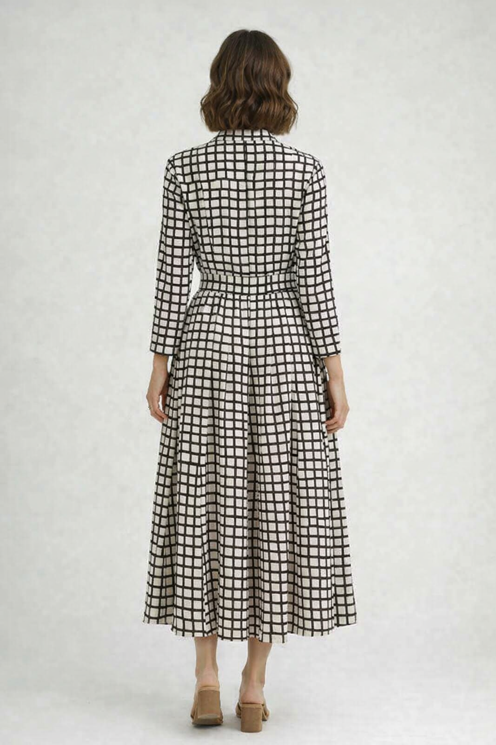 Beige & Black Checked Viscose Midi Dress | Collared Shirt Dress