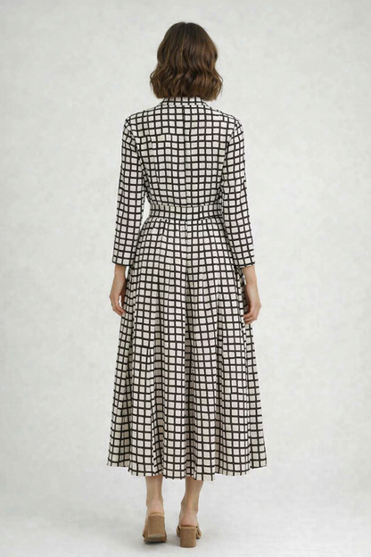 Beige & Black Checked Viscose Midi Dress | Collared Shirt Dress