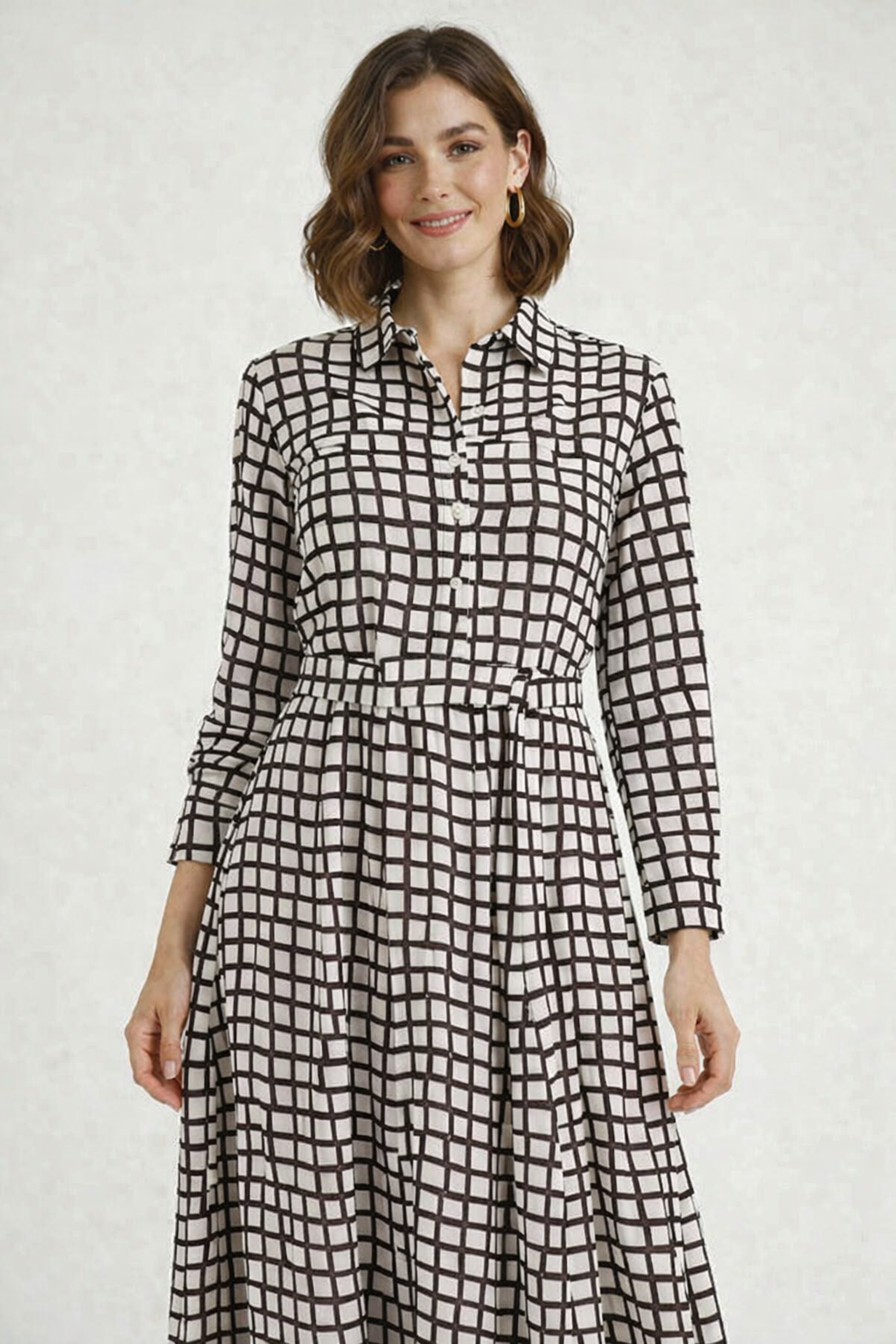 Beige & Black Checked Viscose Midi Dress | Collared Shirt Dress